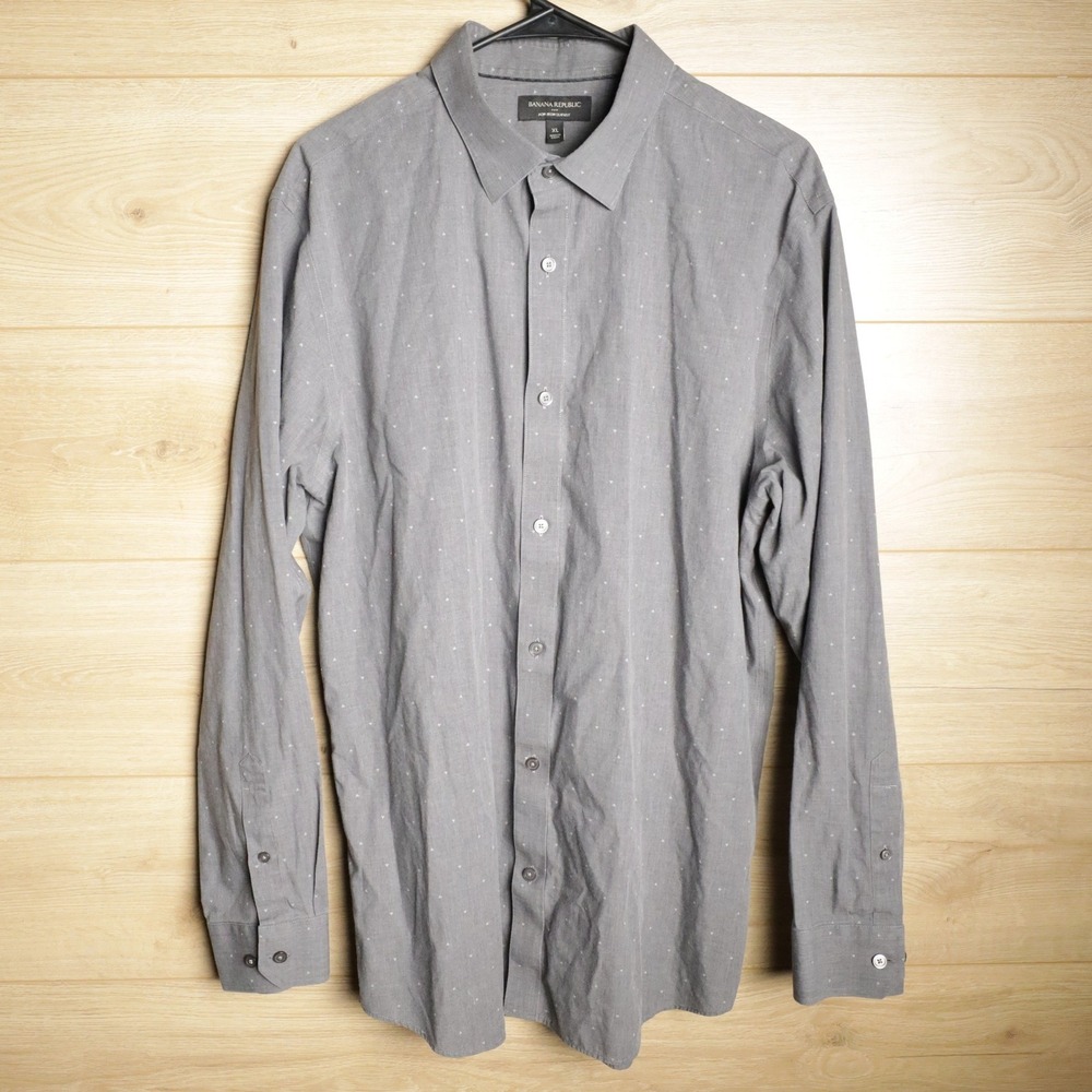 Banana‎ Republic Mens Non Iron Slim Fit Grey Micro Dot Long Sleeve Button Up XL